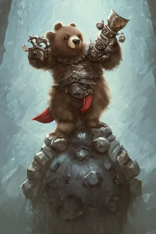 Image similar to cute little anthropomorphic bear knight wearing a cape and a crown, tiny, small, miniature bear, baby animal, short, pale blue armor, cute and adorable, pretty, beautiful, DnD character art portrait, matte fantasy painting, DeviantArt Artstation, by Jason Felix by Steve Argyle by Tyler Jacobson by Peter Mohrbacher, cinematic lighting