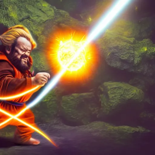 Prompt: a dwarf shooting a kamehameha blast, 4 k, hyper realistic, dslr, high resolution, landscape, beautiful