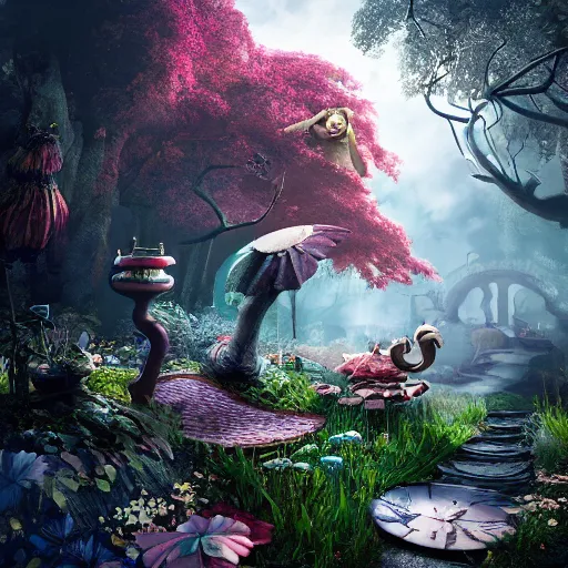 Prompt: alice in wonderland 3 d, mistic atmosphere, scarry, octane render, intricate, hyper detailed, morning light, well rendered