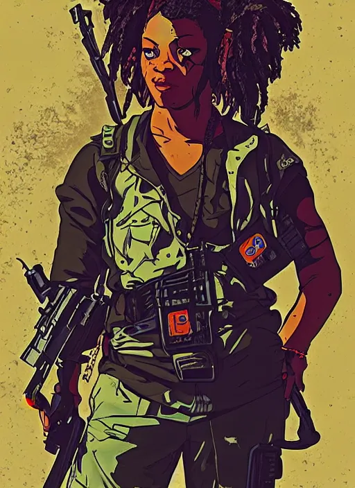 Prompt: maria igwe. cyberpunk mercenary in combat vest. portrait illustration, pop art, splash painting, art by geof darrow, ashley wood, alphonse mucha, makoto shinkai