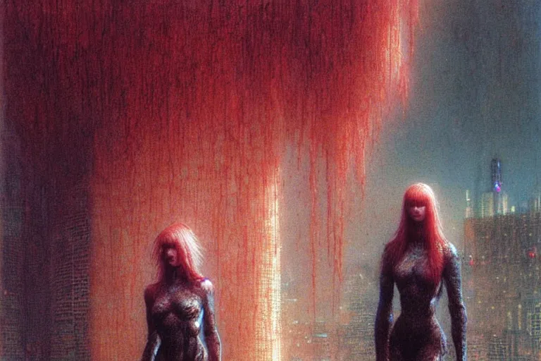 Image similar to cute redhead girl with short hairs in cybercity by luis royo and wayne barlowe, beksinski