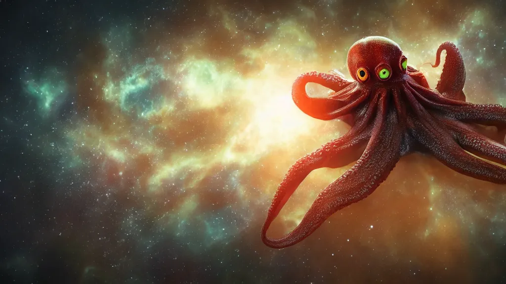 Prompt: octopus spider hybrid on a planet. close bottom view. whole body. nebula background. cinematic composition. cinematic lightning. ultra realistic. 8 k. highly detailled. deep space. ultra realistic details. cinematic atmosphere. studio lighting. shadows. dark background.