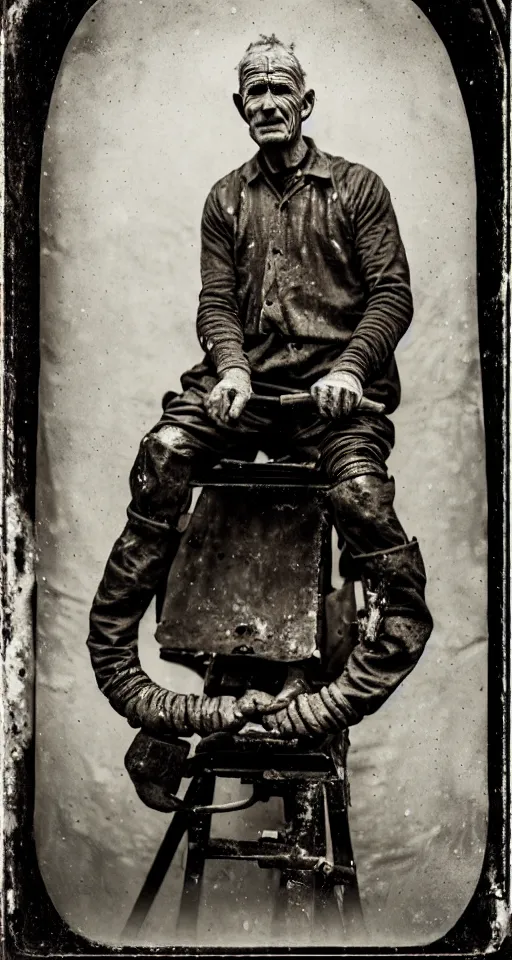 Prompt: a wet plate photograph, a portrait of a wheelwright