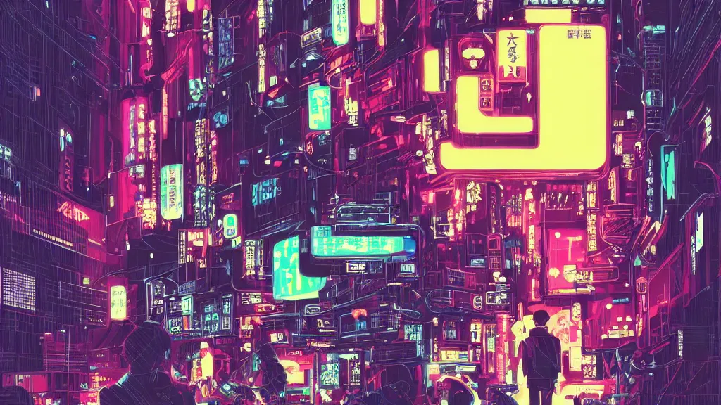 Beautiful Cyberpunk Cityscape, Glitchy Animation style