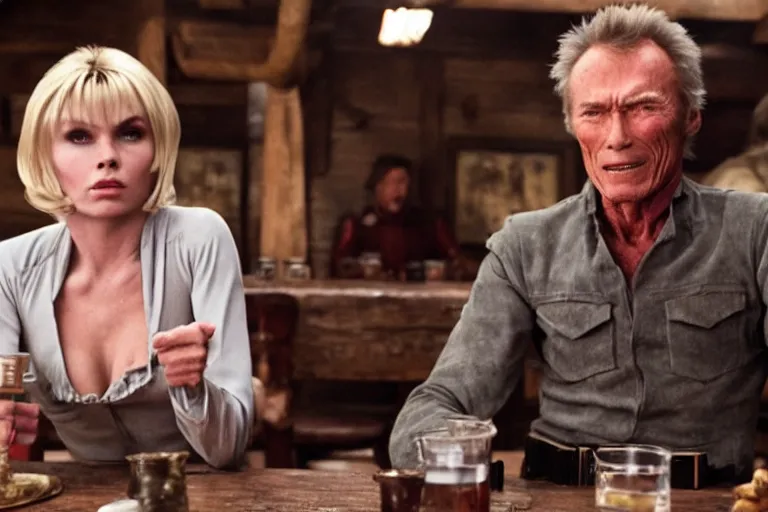 Prompt: film still of clint eastwood as blondie, aiming a colt in a tavern scene in new star wars movie 4 k