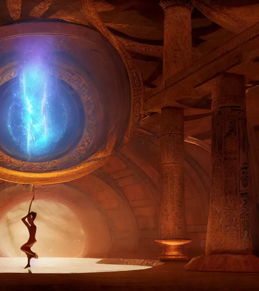 Image similar to fantasy movie scene greg rutkowski digital painting of an ornate and royal egyptian antechamber tomb, a circular pool with an erupting galaxy inside, unreal engine, hyper realism, realistic shading, ballerina, cinematic composition, blender render, octane render, hdr, detailed textures, photorealistic, ultrawide shot, 3 5 mm film