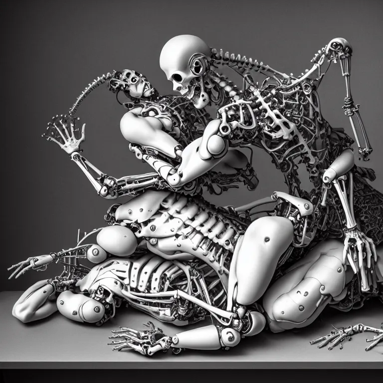 Prompt: still life of two biomechanical cyborg male lovers laying on a table, pastel flowers on a table, surreal alien ribbed pastel fruit, white human spine, baroque painting, beautiful detailed intricate insanely detailed octane render trending on Artstation, 8K artistic photography, photorealistic, chiaroscuro, Raphael, Caravaggio beautiful BW monochrome