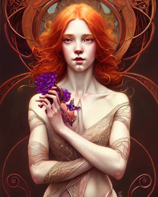 Image similar to Beautiful, naughty and playful ethereal ginger portrait, art nouveau, fantasy, intricate flower designs, elegant, highly detailed, sharp focus, art by Artgerm and Greg Rutkowski and WLOP