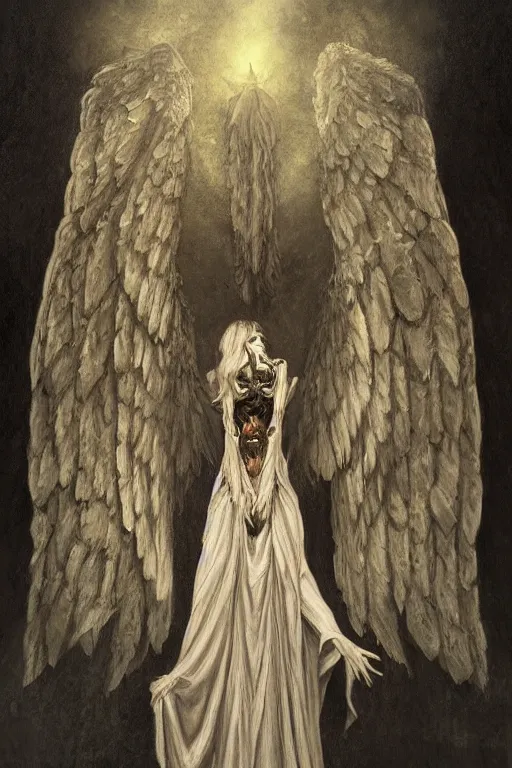 Prompt: portrait of an ominous looming moth angel at a dark shrine, oil on canvas, experimental gothic style, perfect detailed symmetrical face, mood lighting, dramatic, ornate, elegant, detailed, prominent intricate wings, concept art, trending on artstation, javascript enabled