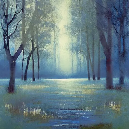 Prompt: eclectic by martin deschambault indigo. a land art of a beautiful landscape, delicate brushstrokes. peaceful & serene, with a gentle breeze blowing through the trees & flowers. colors are muted & gentle, calm & tranquility. well balanced & harmonious. color & composition, pleasing to the eye & calming to the soul.