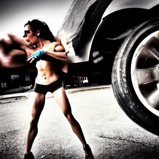 Prompt: car jump, bodybuilder, woman, holding, photo, digital art, hands, underbody, tire, throw, standing