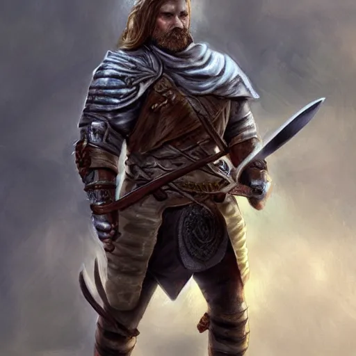 Prompt: hyper realistic portrait of a human fighter folk hero with a talking great sword, focus on face, fantasy, medieval, intricate details, heroic pose, cinematic, tall, trending on artstation, in the style of D&D
