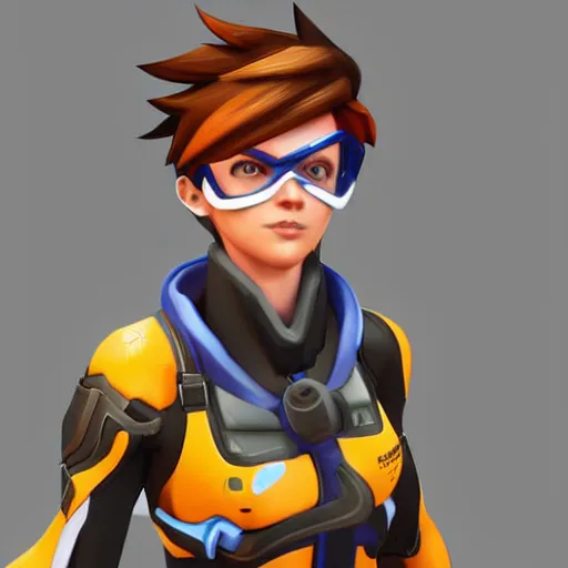 Image similar to digital 3 d artwork of tracer from the game overwatch