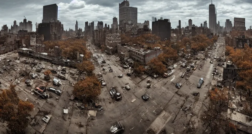 Image similar to wide angle shot of dilapidated zombie - apocalypse new york city in real life, desolate with zombies, dilapidated, zombies on the streets, nightmarish, some rusted style parked vehicles, sunny weather, few clouds, volumetric lighting, photorealistic, daytime, autumn, sharp focus, ultra detailed, cgsociety