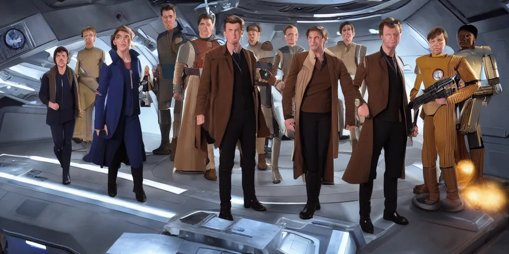 Prompt: The 10th Doctor on the bridge of the Enterprise D with the cast of Star Wars, photo, realistic, brightly lit