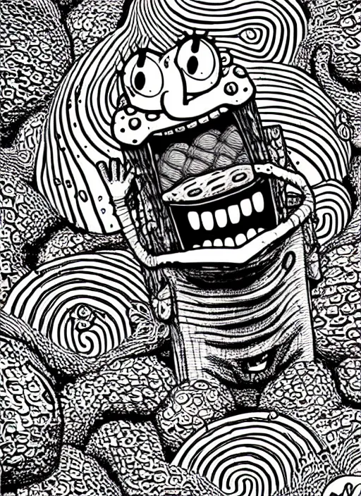 Image similar to junji ito style spongebob squarepants, intricate, highly detailed, illustration, art by junji ito, junji ito