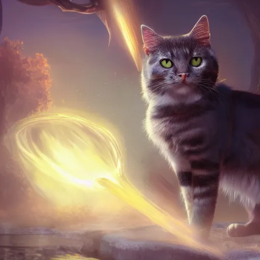 Prompt: magic cat, golden hour, fantasy, sharp focus, digital art, hyper realistic, 4 k, unreal engine, highly detailed, hd, dramatic lighting by brom, trending on artstation