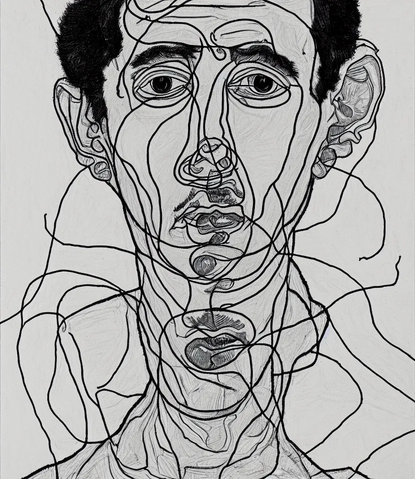 Image similar to detailed line art portrait of ramakrishna, inspired by egon schiele. caricatural, minimalist, bold contour lines, musicality, soft twirls curls and curves, confident personality, raw emotion