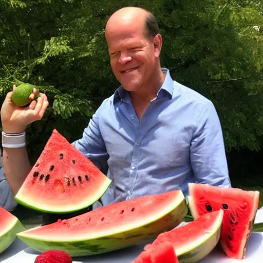 Prompt: olaf scholz eating a whole watermelon