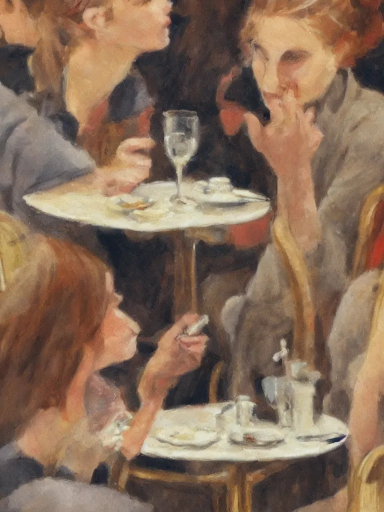 Prompt: woman eating in cafe in paris, close up, by disney concept artists, blunt borders, rule of thirds