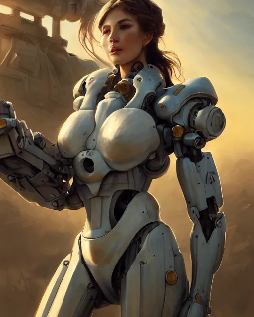 Image similar to daniel gerhartz and artgerm full portrait digital rococo painting of a beautiful serious woman wearing a mecha suit, war torn battlefield in the background, glinting sunlight, unreal engine, hyper realism, realistic shading, cinematic composition, blender render, octane render, hdr, detailed textures, photorealistic, wide shot, 3 5 mm film