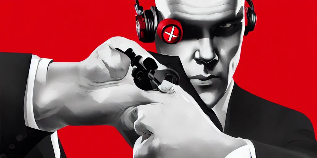 Image similar to a portrait of agent 4 7 from hitman wearing large headphones while pointing a silverballer, dark background, red rim light, smooth, sharp focus, art by irina french