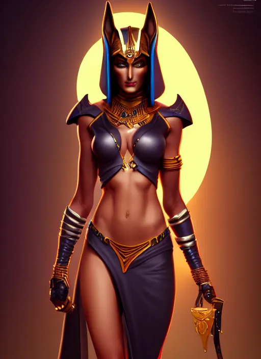 Image similar to pretty woman wearing an anubis outfit, highly detailed, artgerm style, artstation, soft light, sharp focus, illustration, character design, concept art