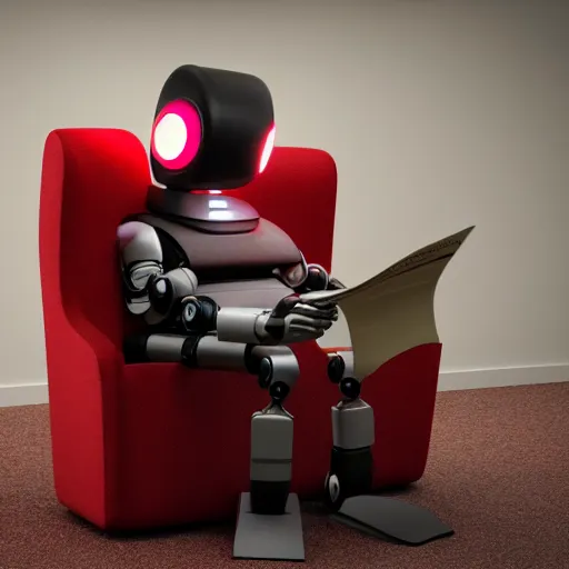 Image similar to futuristic lonely matte brown and red full-body humanoid robot with two huge round expressive sad purple glowing LED eyes and open rectangular mouth sitting on a large comfortable cushioned 1950s vintage recliner reading a newspaper. open newspaper. Cinematic Movie Photograph, Arri Alexa, Extremely Detailed, smooth, very very clean, 8K, octane render, maya render, unreal engine, trending on artstation, DSLR, excellent composition, center frame