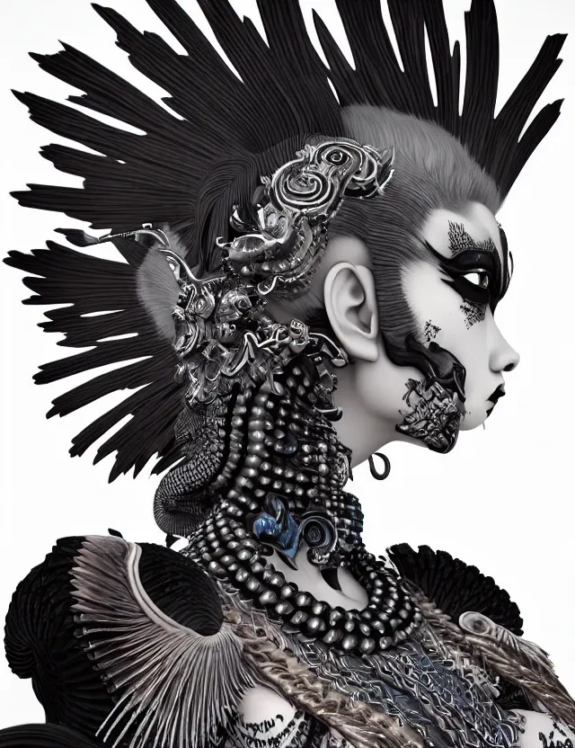 Image similar to 3 d goddess close - up profile portrait punk with mohawk with ram skull. beautiful intricately detailed japanese crow kitsune mask and clasical japanese kimono. betta fish, jellyfish phoenix, bio luminescent, plasma, ice, water, wind, creature, artwork by tooth wu and wlop and beeple and greg rutkowski