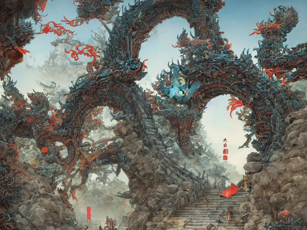 Image similar to tang dynasty shinto gate at the top of many stone steps, a chinese dragon flies behind by peter mohrbacher and dan mumford and nekro, cgsociety, volumetric light, 3 d render