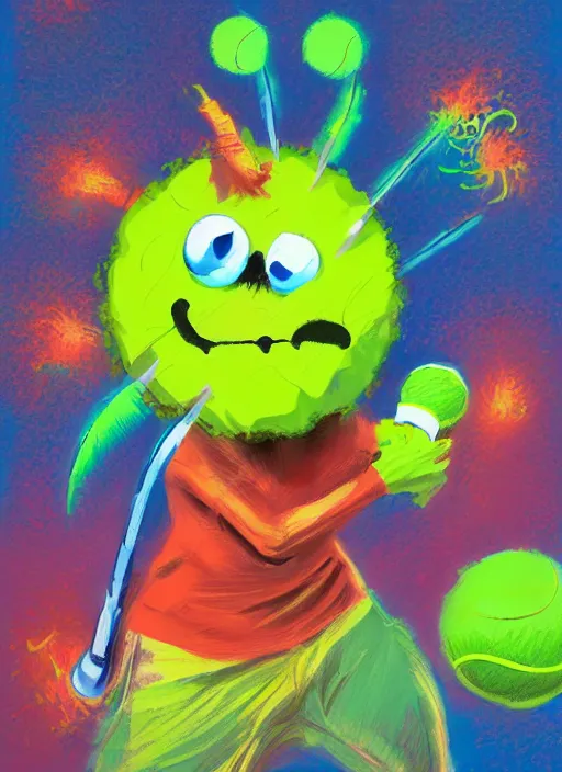 Image similar to tennis ball monsters playing tennis, a tennis ball monster, tennis ball, colorful, digital art, fantasy, magic, trending on artstation, ultra detailed, professional illustration, chalk, poster artwork by basil gogos, clean