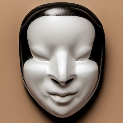 Image similar to professional photograph of a white porcelain mask, black background, light source on top, front view