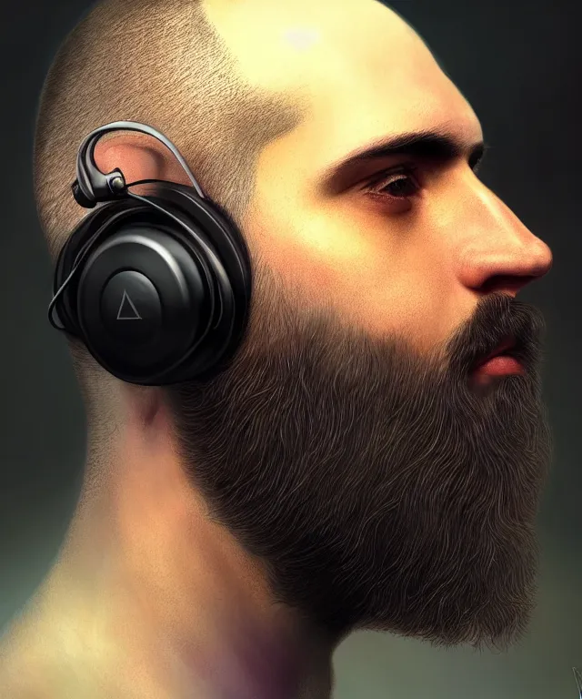 Prompt: Portrait of a male DJ, western european origin, side or front profile, sci-fi, dark eyes, face, shaved head, beard, Headphones, fantasy, LSD Dream Emulator, intricate, rugged, backlit, highly detailed, digital painting, artstation, concept art, smooth, sharp focus, illustration, art by artgerm and greg rutkowski and alphonse mucha