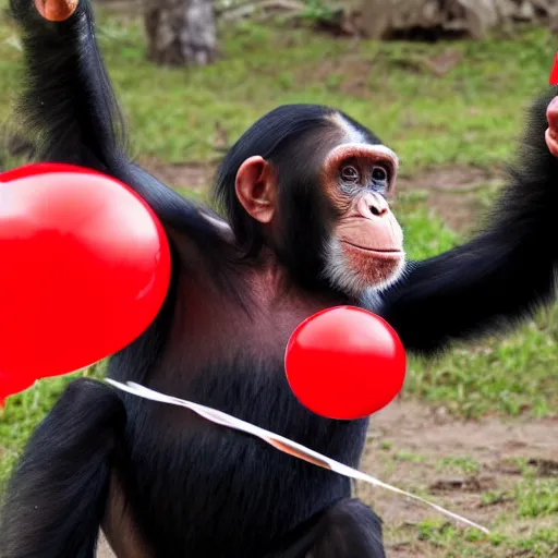 Prompt: a chimpanzee dressed a s a ninja fighting a red balloon