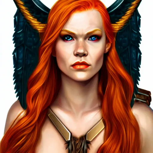 Image similar to A portrait of a beautiful redhead valkyrie as a D&D character, realistic, smooth skin, symmetrical, golden ration