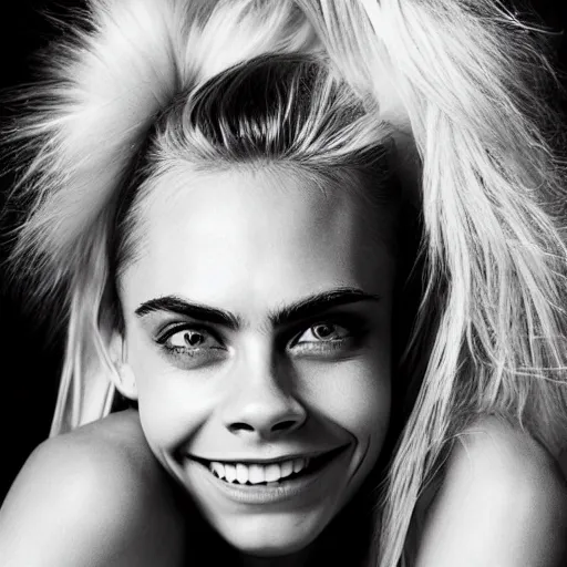 Image similar to photo of a gorgeous 20-year-old Cara Delevingne laughing hip hairstyles by Mario Testino, detailed, head shot, award winning, Sony a7R -