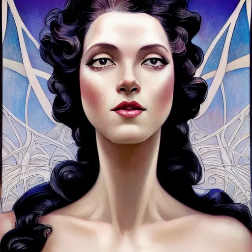 Image similar to an art nouveau, streamline moderne, multi - ethnic and multi - racial portrait in the style of charlie bowater, and in the style of donato giancola, and in the style of charles dulac. very large, clear, expressive, intelligent eyes. symmetrical, centered, ultrasharp focus, dramatic lighting, photorealistic digital painting, intricate ultra detailed background.