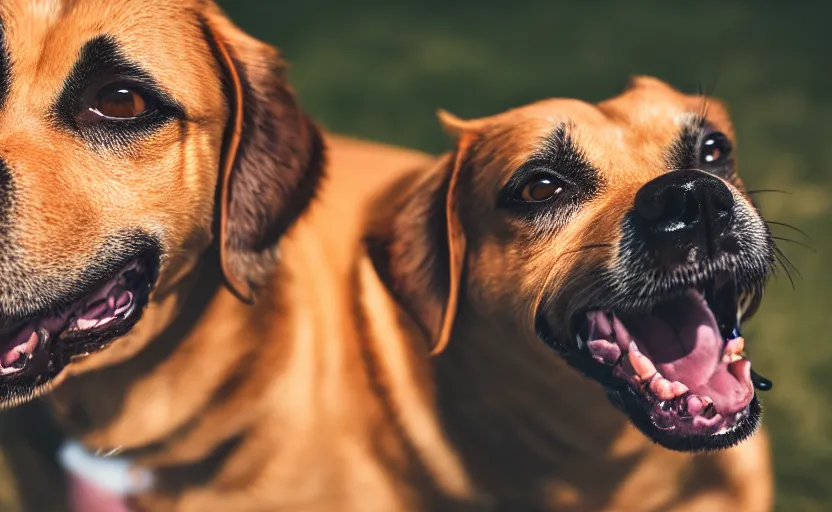 Image similar to portrait of a happy smiling dog, natural light, detailed face, cinematic lighting, 8 k