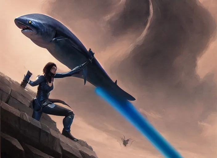 Image similar to matte portrait of blue thresher shark knight, holding a lightsaber, fantasy, wonderful masterpiece highly detailed, scifi, beautiful cinematic light deep focus, elegant, digital painting, smooth, sharp focus, golden ratio, dramatic illumination, ultra realistic, 8 k, art by greg rutkowski wlop rossdraws