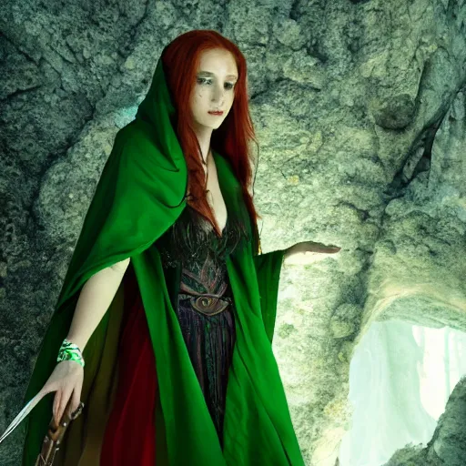 Image similar to a beautiful dnd sorceress with straight red hair a triangular face green eyes and tan skin wearing a green cloak, high resolution film still, 8k, HDR colors, prominent cheeks, makeup