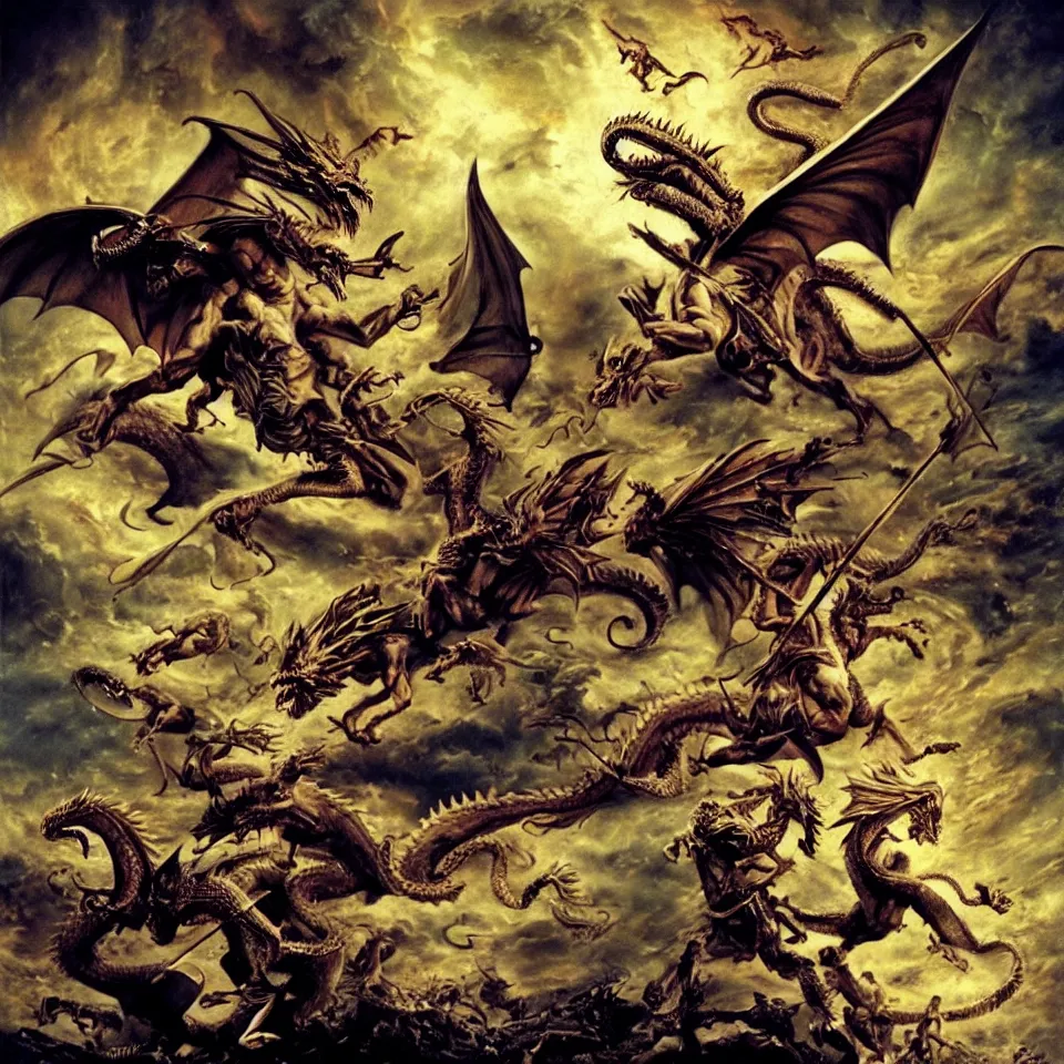 Image similar to There was war in heaven, Michael and his angels fought against the dragon, and the dragon fought and his angels, and prevailed not, neither was their place found any more in heaven. And the great dragon was cast out, that old serpent, called the Devil, and Satan, which deceived the whole world, he was cast out into the earth, and his angels were cast out with him. Acrylic on Canvas.