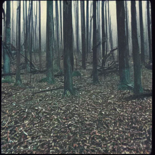 Image similar to 1 9 9 0 s faded vhs tape still, empty forest with dead trees, cloudy day, creepy