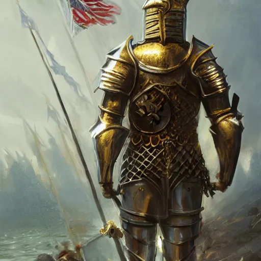 Image similar to very detailed knight's costume, with gold and silver, flags and ropes, james gurney, greg rutkowski, deviantart, artstation, depth of field effect