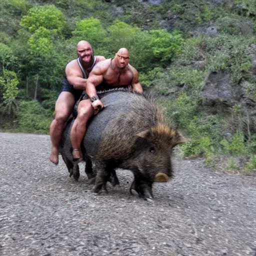 Image similar to dwayne the rock johnson riding a wild boar
