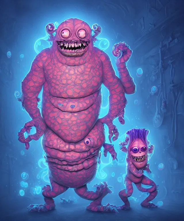 Prompt: a two headed xanathar made of bioluminescence in the art style of monsters inc, crisp 8 k line art, digital painting, artstation, unreal engine, octane render, emissive lighting, concept art, matte, sharp focus, hyper realistic lighting, illustration, deep royal blue and pink color scheme, art by junto ito and shintaro kago