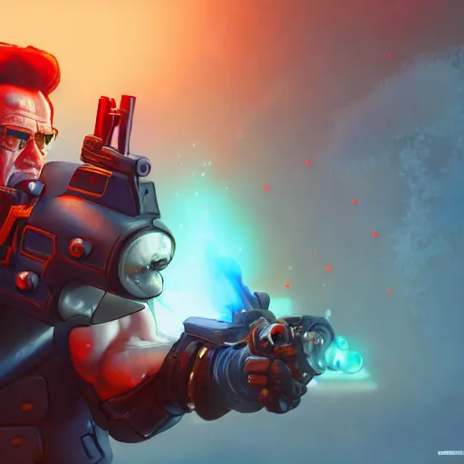 Image similar to a screenshot of arnold schwarzenegger as mei shooting frost gun in overwatch, portrait, fantasy, beautiful face, vivid colors, elegant, concept art, sharp focus, digital art, hyper - realistic, 4 k, unreal engine, highly detailed, hd, dramatic lighting by brom, trending on artstation