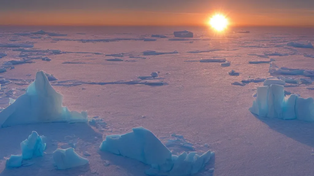 Image similar to photo of the most beautiful panoramic landscape, where a giant iceberg is lost in the frozen artic ocean, a giant polar bear is exhaling steam while walking over the iceberg, the frozen artic ocean is reflecting the giant polar bear and the ray lights of the sunrise are brightening him