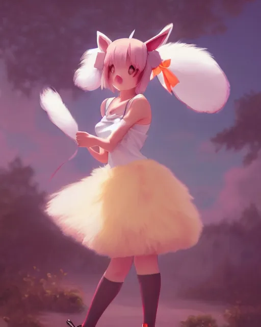 Prompt: photo of eevee pokemon humanisation, in nice fluffy skirt and ribbon, film still, dslr, by greg rutkowski, gil elvgren, enoch bolles, ross tran, artgerm, wlop, glossy skin, pearlescent, very coherent