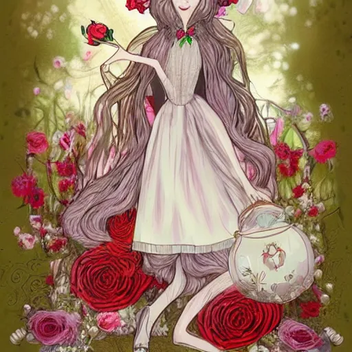 Prompt: Alice in Wonderland at the tea party, she looks like a mix of grimes, Aurora Aksnes and Zendaya, childlike, billowing elaborate hair and dress, strings of pearls, surrounded by red and white roses, digital illustration, inspired by a stylistic blend of Aeon Flux, Japanese shoujo manga, and Henry Darger, hyper detailed, dreamlike, incredibly ethereal, super photorealistic, iridescent, dichroic prism, speckled, marbling effect, tulle and lace, extremely fine inking lines
