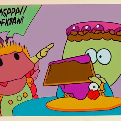 Prompt: a cake monster eating a cake. Saturday morning cartoon. VHS style.